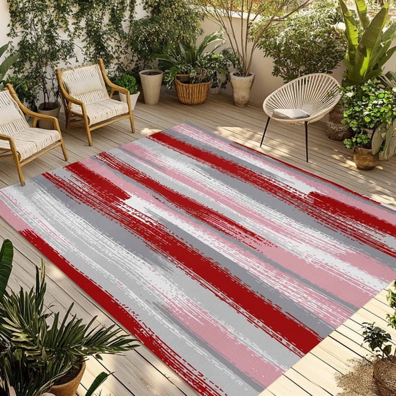 Red Pink Gray Stripes Outdoor Rug for Patio/Deck/Porch, Non-Slip Large Area Rug 5 x 7 Ft, Modern Abstract Minimalist Retro Indoor Outdoor Rugs Washable Area Rugs, Reversible Camping Rug Carpet Runner