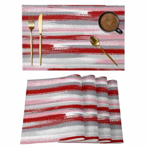 Red Pink Gray Stripes Placemats Set of 4, Modern Abstract Minimalist Retro Placemats for Dining Table, Place Mats for Kitchen Tabletop, Waterproof Wipeable Dining Table Mats Set