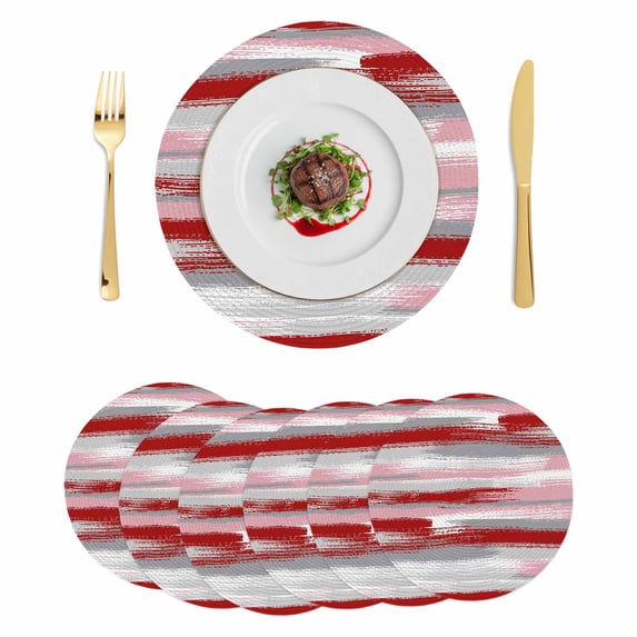 Red Pink Gray Stripes Round 15 Inch Placemats Set of 6, Modern Abstract Minimalist Retro HeatResistant Non Slip Place Mats for Dining Table, Wipeable Braided Kitchen Table Mats for Housewarming