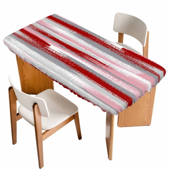 Red Pink Gray Stripes Table Cloths for 5 Foot Rectangle Tables, Modern Abstract Minimalist Retro Patio Waterproof Elastic Fitted Tablecloths, Washable Rectangular Table Cover for Camping