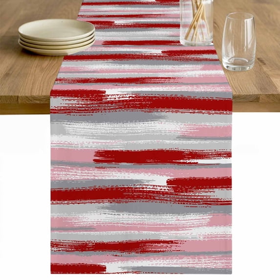 Red Pink Gray Stripes Table Runner - 70 Inch Long Modern Abstract Minimalist Retro Cotton and Linen Blended Dress Scarves Farmhouse Table Runner for Kitchen Dining, Coffee Table, 13" x 70"