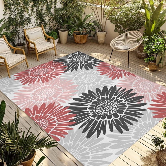 Red Pink Grey Sunflowers Outdoor Rug for Patio/Deck/Porch, Non-Slip Large Area Rug 5 x 7 Ft, Boho Retro Floral Rustic Blossom Indoor Outdoor Rugs Washable Area Rugs, Camping Rug Carpet Runner