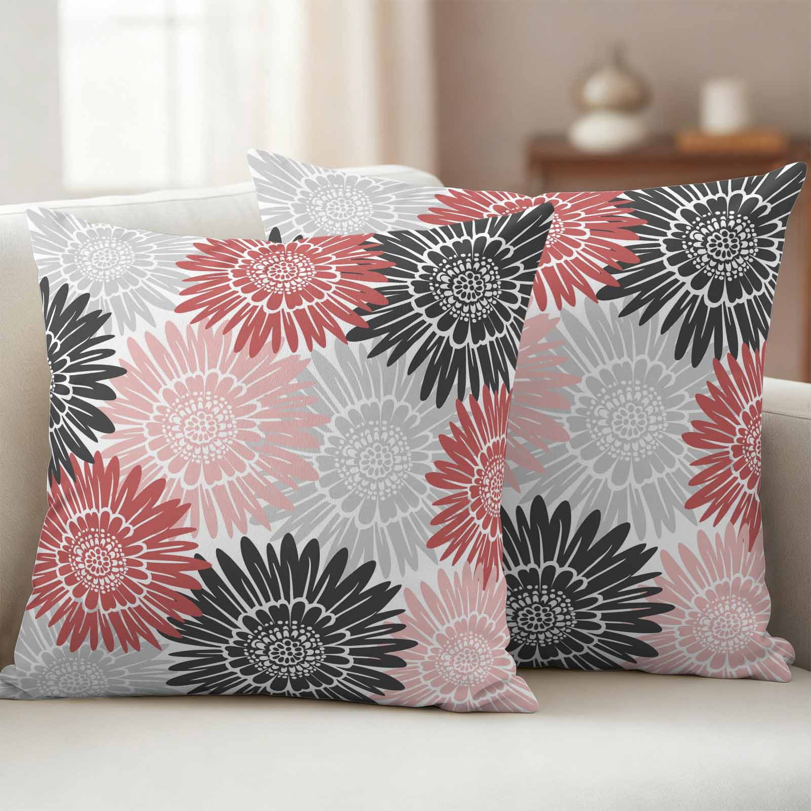 Red Pink Grey Sunflowers Outdoor Waterproof Throw Pillow Covers 20x20 Set of 2, Boho Retro Floral Rustic Blossom Pillowcases Cushion Pillowcase for Couch Sofa Patio Outside Pillow Protector