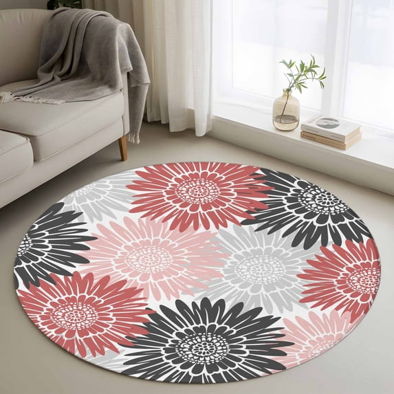 Red Pink Grey Sunflowers Round Area Rug 3.3Ft Washable Circle Rugs for Dining Room Table, Boho Retro Floral Rustic Blossom Non-Slip Carpet Floor Mats Indoor Outdoor Carpet Runner Aesthetic Home Decor