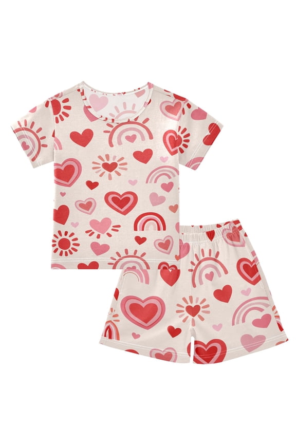 Red Pink Heart Rainbow Pattern Summer Pajama Set Soft Cotton Short Sleeve Sleepwear 2PCS Pajama Sets Breathable Lounge Set Size 14Y