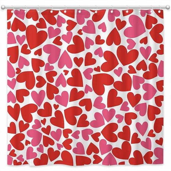 Red Pink Hearts Shower Curtain Valentine''s Day Bathroom Curtain Set Sweet Love Polyester Fabric Bathtub Decor with 12 Hooks 72x72 Inches