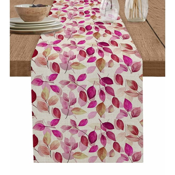 Red Pink Leaves Burlap Cotton Table Runner 13x120 Inches Long, Botanical Abstract Color Retro Plants Farmhouse Table Runners, Outdoor Dining Tablecloths Decor for Baby Shower/Party/Wedding