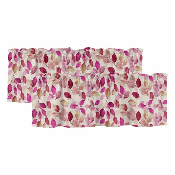 Red Pink Leaves Curtain Valances for Windows, Kitchen Valance Window Treatments Panel 2 Pack, Botanical Abstract Color Retro Plants Rod Pocket Short Curtains for Bathroom Bedroom 42 x 12 Inch
