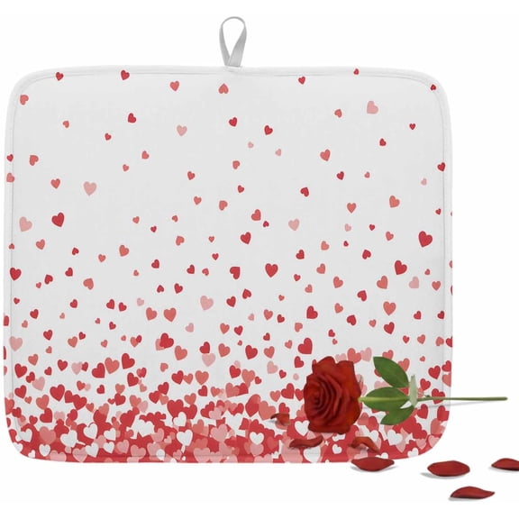 Red Pink Love Heart on White Dish Drying Mats for Kitchen Counter,Absorbent Microfiber Dish Drainer Rack Mat Romantic Valentine''s Day Drying Pad for Sinks,Utensils,Countertops,16x18in