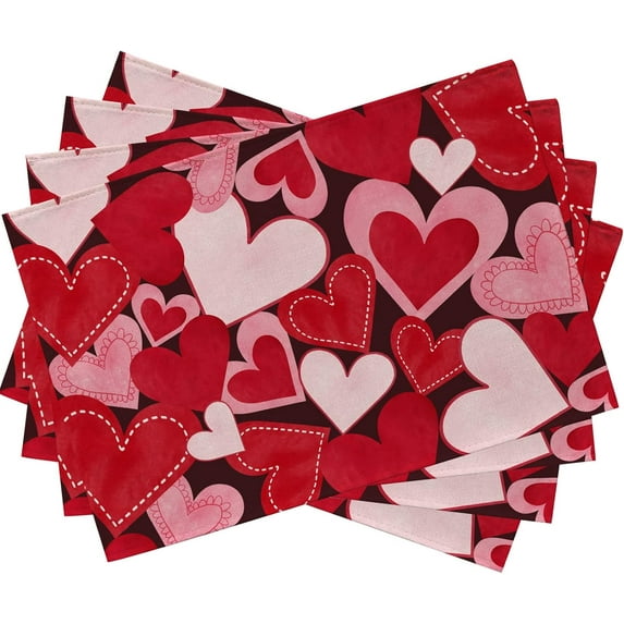 Red Pink Love Hearts Placemats Set of 4, Happy Valentine''s Day White Farmhouse Dining Table Place Mats Home Kitchen Decor, Vintage Wedding Anniversary Holiday Decoration 12 x 18 Inch