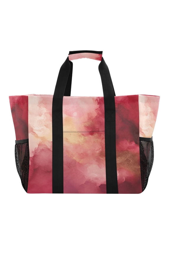 Red Pink Marble Reusable Grocery Bags with Handle Side Pocket Waterproof Shopping Portable Tote