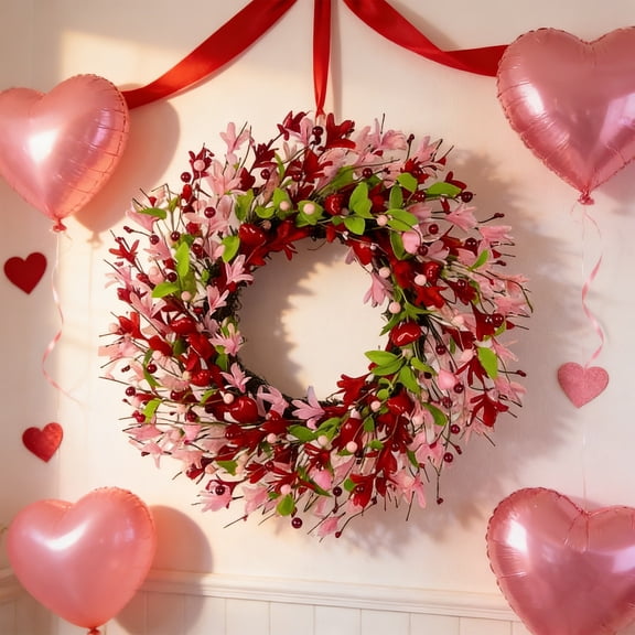 Red Pink Mixed Foliage Valentine Wreath With Red Berries Hanging Window Front Door Festive Decor(Type A-19.7In)