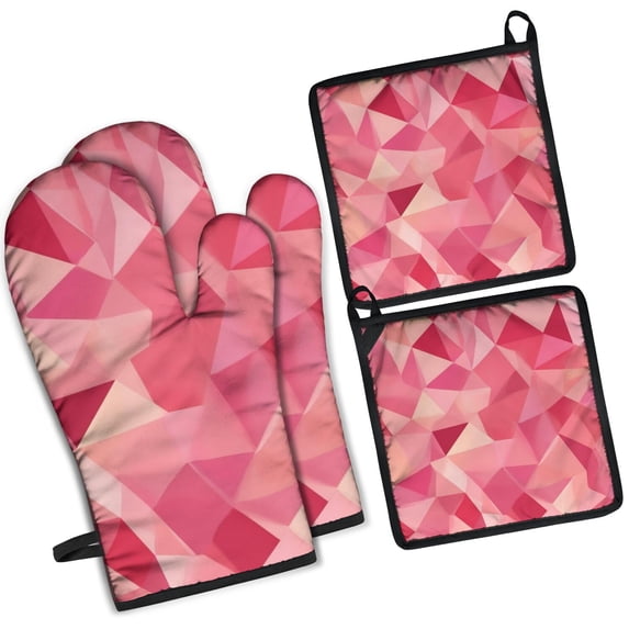 Red Pink Modern Art Geometric Kitchen Oven Mitt and Pot Holder Sets 4 Pcs for Baking, Cooking and Grilling, Heat Resistant Up To 392 °F