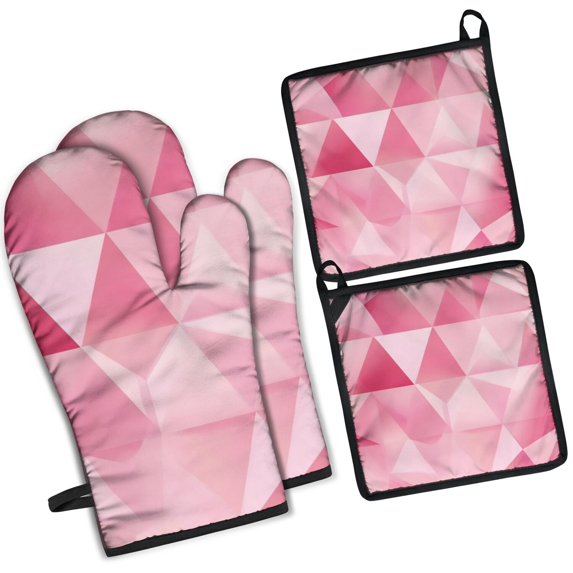 Red Pink Modern Art Geometric Kitchen Oven Mitt and Pot Holder Sets 4 Pcs for Baking, Cooking and Grilling, Heat Resistant Up To 392 °F