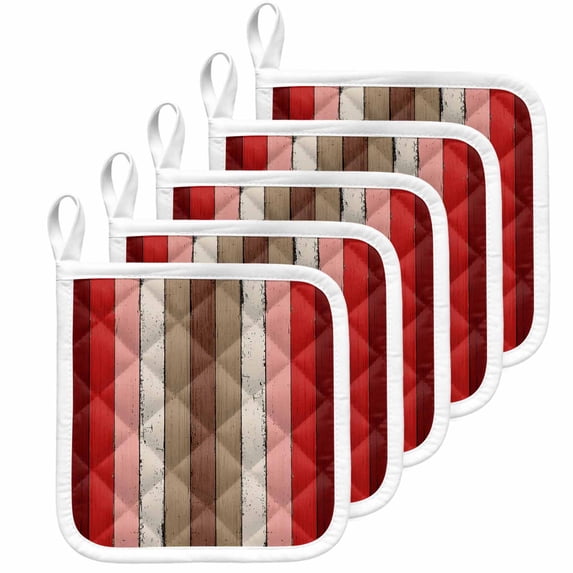 Red Pink Pot Holders for Kitchen Heatproof Potholder, 5 Pack Farmhouse Wood Grain Vintage Brown Striped Hot Pads Multipurpose Oven Pads Cloth Potholders Trivet for Cooking Baking