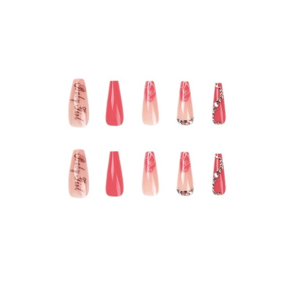 Red Pink-Red Ombre Press on Nails, Long Stiletto Glossy False Nails with Lettering Design and Rhinestone Accent, 24 Count