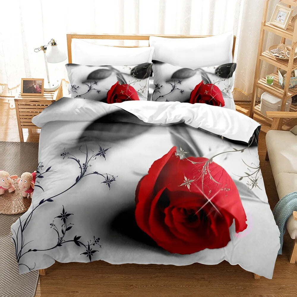 Red Pink Rose Floral Duvet Cover Set King/ Size 3D Print Blossom