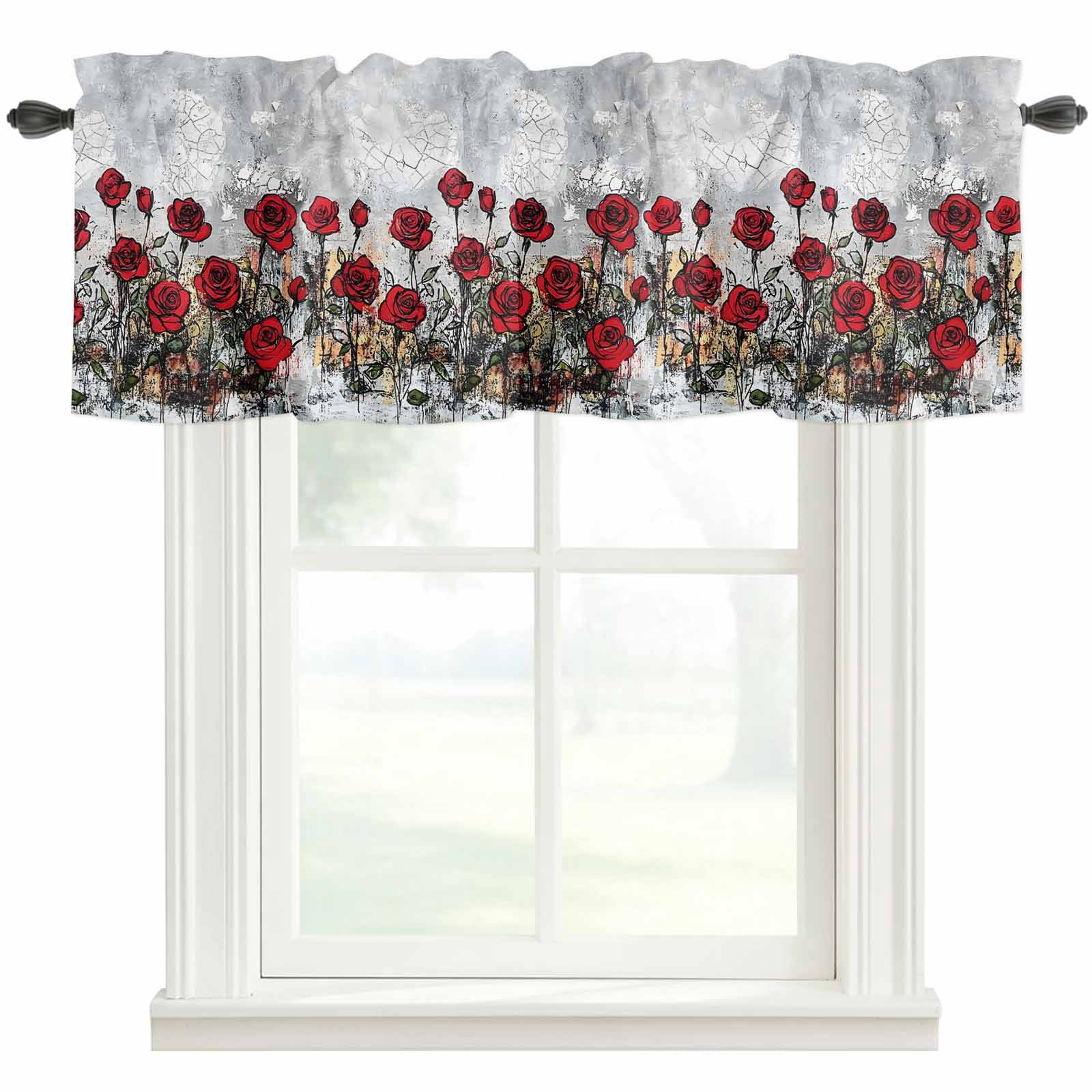 Red Pink Rose Floral Window Valance Curtain Gray Oil Painting Rod ...