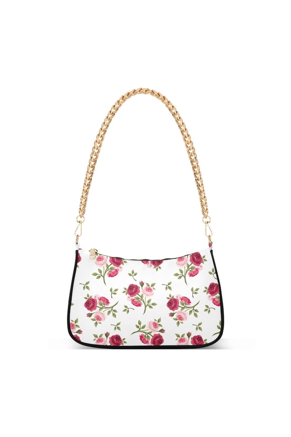 Red & Pink Rose Flowers Womens Chain Shoulder Bag Tote Handbag Clutch Hobo Purse with Zipper for Travel Casual