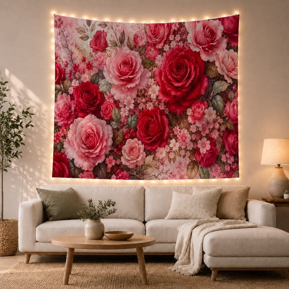 Red and Pink Roses Across a Lush Floral Field, Romantic Vintage for Flower Lovers, Botanical Wall Art, Mother'S Day Gift, Tapestry Wall Hanging for Bedroom and Living Room