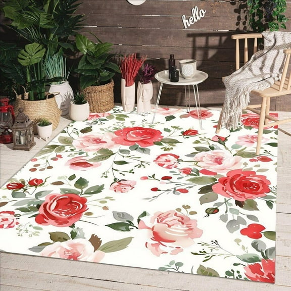 Red Pink Roses Print Pattern Waterproof Outdoor Area Rug For Porch Patio Deck Machine Washable Non Skid Durable Carpet In Balcony Backyard Garden Country Rustic Vibrant 1x2ft