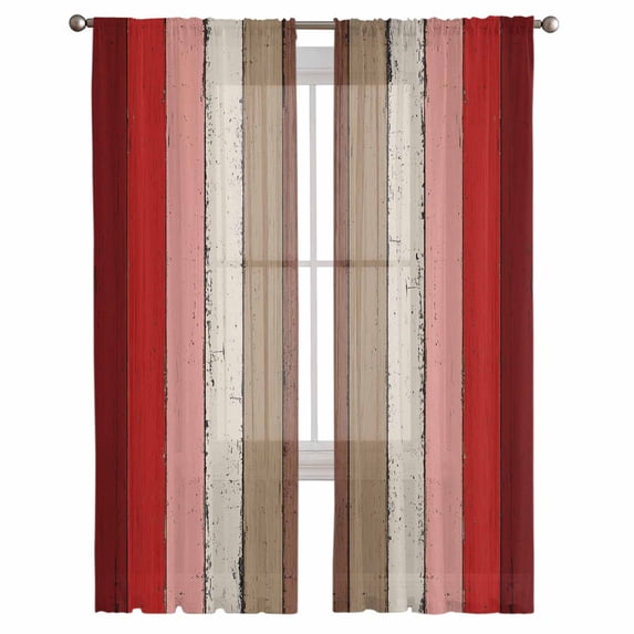 Red Pink Semi Sheer Curtains 108 Inch Length 2 Panels Set, Farmhouse Wood Grain Vintage Brown Striped Sheer Kitchen Curtain Privacy Voile Window Curtain for Living Room Bedroom Rod Pocket Drapes