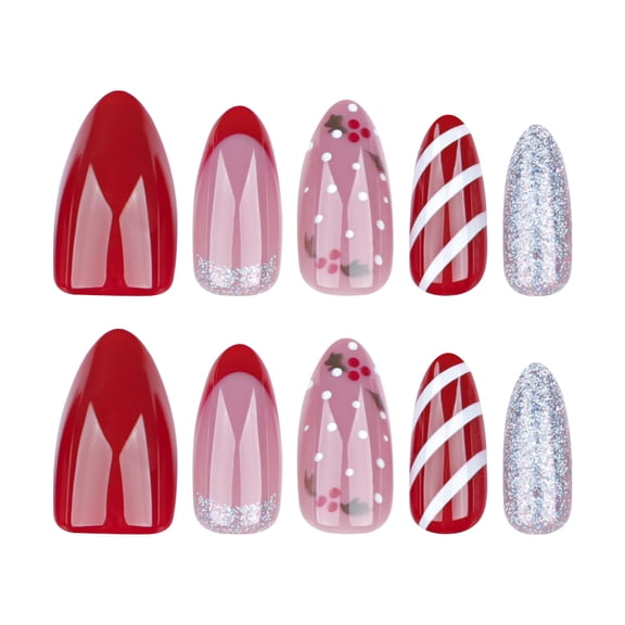 Red Pink Silver Christmas Candy Stripe Press on Nails, Medium Almond Glossy Glitter Fake Nails with Polka Dot & Berry Motifs, 10 Count