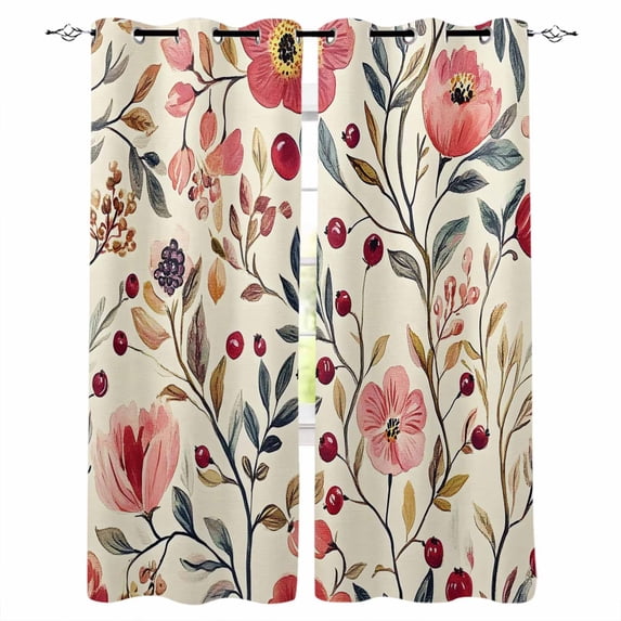 Red Pink Spring Floral Blackout Curtains for Bedroom/Living Room, Thermal Insulated Kitchen Curtains, Summer Botanical Vintage Grommet Darkening Window Treatment Drapes 27.5"x39"x2