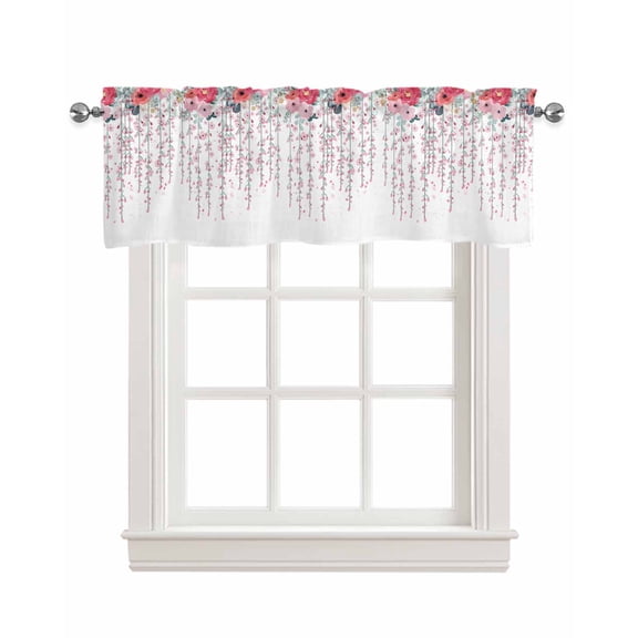 Red Pink Spring Floral Linen Curtain Valance for Bedroom/Bathroom/Kitchen/Office/Living/Dining Room Window,Elegant Weeping Summer Botanical Rod Pocket Topper Decorative Cafe Drapes Panel 54"x18"