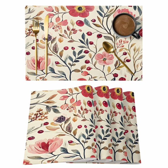 Red Pink Spring Floral Placemats Set of 6 Summer Botanical Vintage Place Mats Indoor Wipeable Table Mats Washable Cloth Dining Table Placemats for Kitchen Holiday Party Home Decor 13x19 Inch