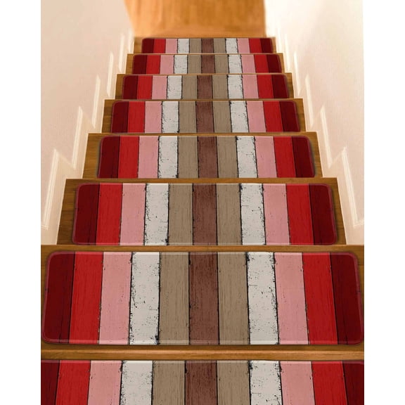 Red Pink Stair Treads for Wooden Steps Indoor Runner Rug Carpet, Farmhouse Wood Grain Vintage Brown Striped 4 Pieces Peel and Stick Staircase Step Treads Covers Washable Throw Door Mats, 30"x8"
