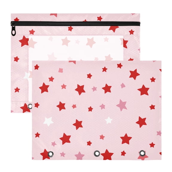 Red Pink Stars 3-Ring Binder Pocket with Zipper Pencil Pouches A4 Size File Storage 2 Packs