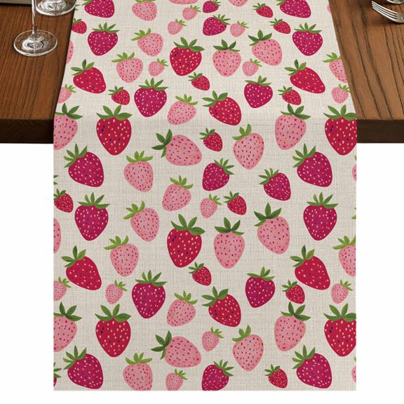Red Pink Strawberry 36 Inch Table Runner, Beige Lovely Summer Spring Fruit Farmhouse Dresser Scarf Cotton & Linen Tablerunner for Dining/Kitchen Island/Holiday Party Décor Small 13" x 36"