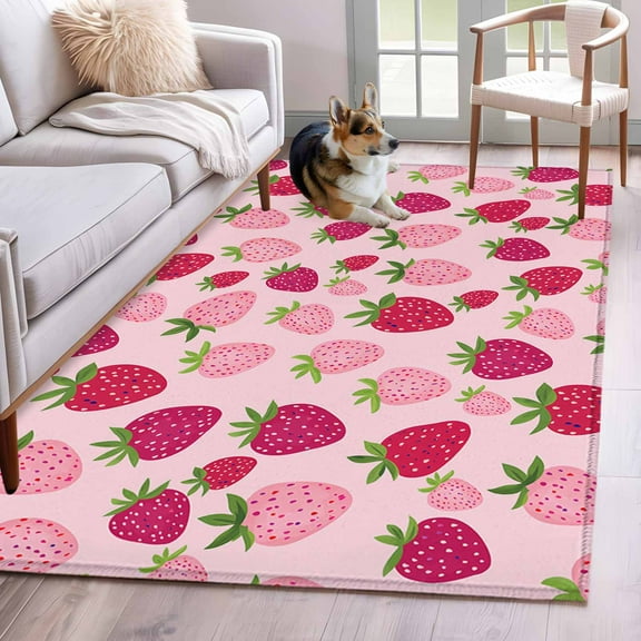 Red Pink Strawberry Area Rug 3x5 Washable Rug Non Slip Pink Lovely Summer Spring Fruit Large Area Rug Indoor Floor Carpet for Entryway Bedroom Kitchen Living Room Home Office Dining Room Nursery