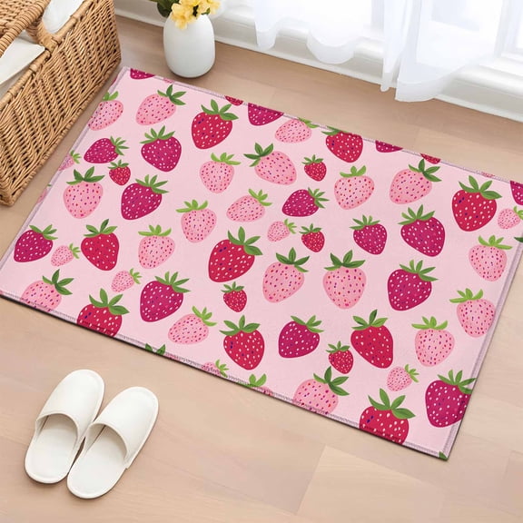 Red Pink Strawberry Bathroom Rug Washable 2x3 Entryway Rug Non Slip Pink Lovely Summer Spring Fruit Front Door Mat Low Pile Indoor Doormat Throw Floor Carpet for Kitchen Bedroom Entrance