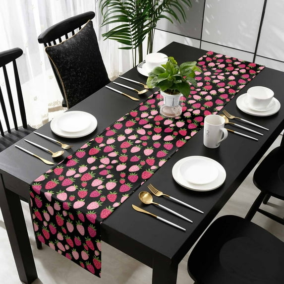 Red Pink Strawberry Cotton Linen Long Table Runner 13 x 108 inch Black Lovely Summer Spring Fruit Non-slip Rectangular Dining Table Decor for Wedding Party Holiday Dinner