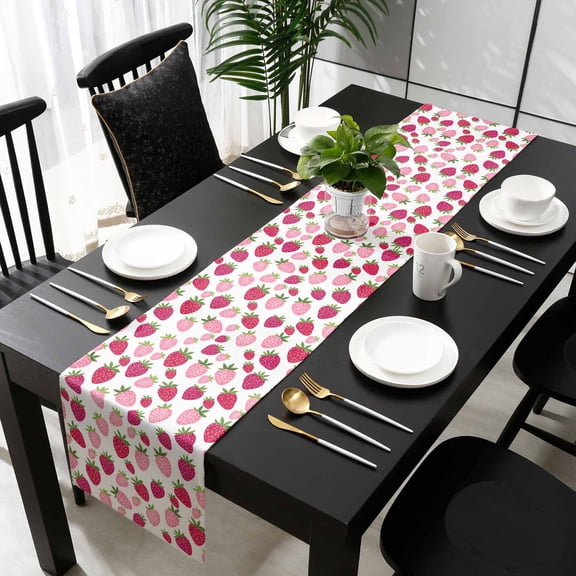 Red Pink Strawberry Cotton Linen Small Table Runner 13 x 36 inch Lovely Summer Spring Fruit Non-slip Rectangular Dining Table Decor for Wedding Party Holiday Dinner