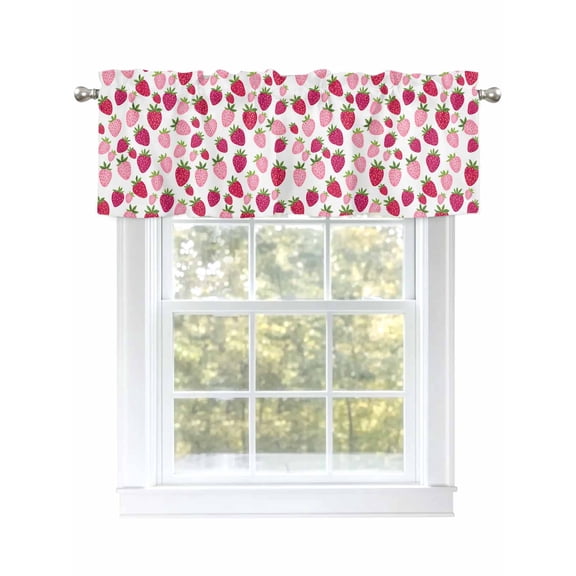 Red Pink Strawberry Curtain Valances for Windows, Lovely Summer Spring Fruit Kitchen Valance Window Treatment, Light Filtering Block Curtains for Bathroom/Bedroom/Living Room 42'' x 12''