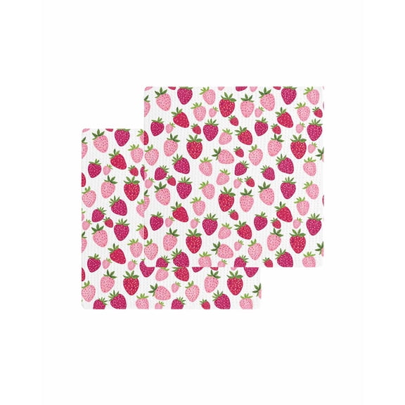 Red Pink Strawberry Kitchen Dish Towels for Drying Dishes Set of 2, Lovely Summer Spring Fruit Waffle Weave Microfiber Terry Hand Tea Bathroom Towels Quick Dry & Absorbent Towel 12x12
