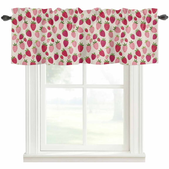 Red Pink Strawberry Kitchen Valances for Windows, Beige Lovely Summer Spring Fruit Bathroom Window Valances 42x12 Inch Rod Pocket Window Treatments Valance Curtains for Living Room Bedroom Decor
