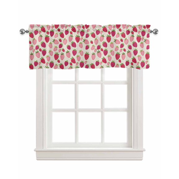 Red Pink Strawberry Kitchen Valances for Windows Farmhouse Linen Window Valance Curtain for Living Room Window Treatment Beige Lovely Summer Spring Fruit Valance Rod Pocket Topper Drape, 60 x 18 Inch