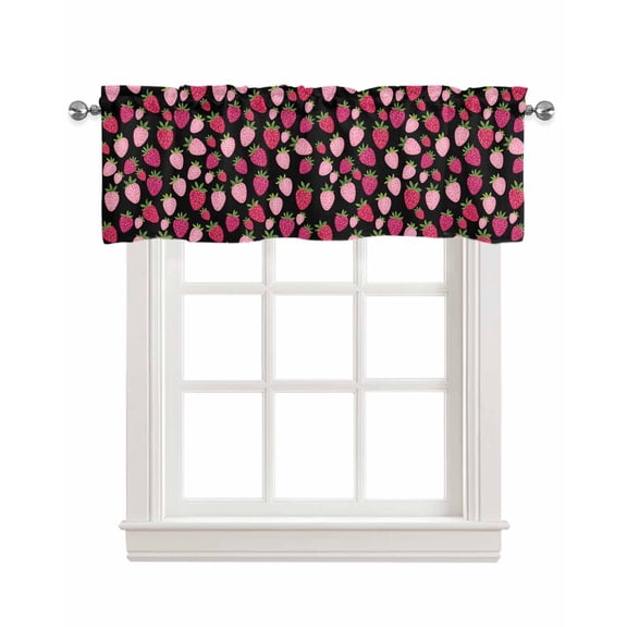 Red Pink Strawberry Kitchen Valances for Windows Farmhouse Linen Window Valance Curtain for Living Room Window Treatment Black Lovely Summer Spring Fruit Valance Rod Pocket Topper Drape, 60 x 18 Inch