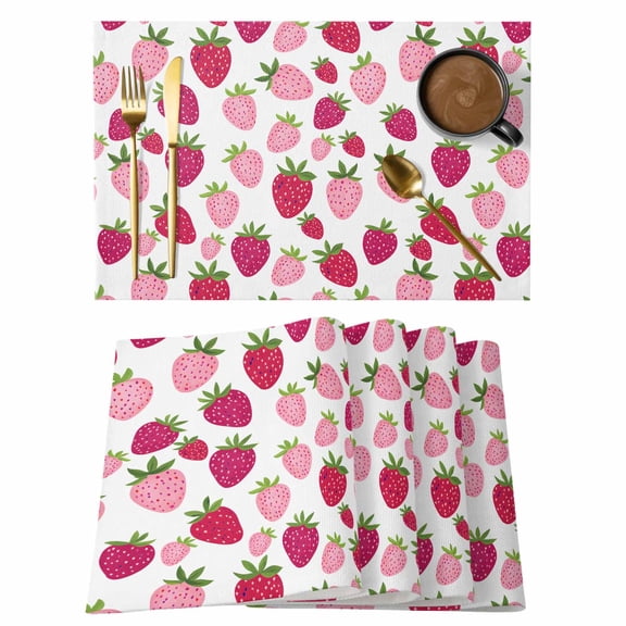 Red Pink Strawberry Placemats Set of 8 Lovely Summer Spring Fruit Place Mats Indoor Wipeable Table Mats Washable Cloth Dining Table Placemats for Kitchen Holiday Party Home Decor 13x19 Inch