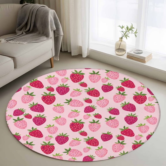 Red Pink Strawberry Round Rug 3ft Washable Circle Entryway Rugs Non Slip Pink Lovely Summer Spring Fruit Area Rug Indoor Floor Carpet for Bedroom Kitchen Living Room Home Office Dining Room Nursery