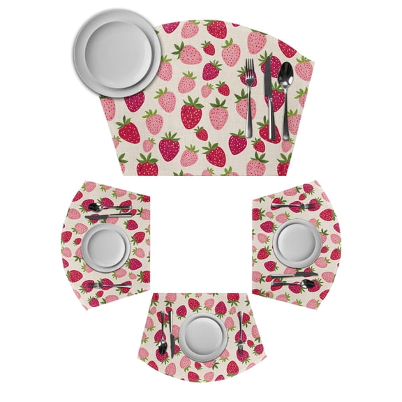 Red Pink Strawberry Round Table Placemats Set of 2 Wedge Placemats, Beige Lovely Summer Spring Fruit Place Mats for Dining Table Set Washable Mats Kitchen Decor for Indoor Outdoor Wipe Clean