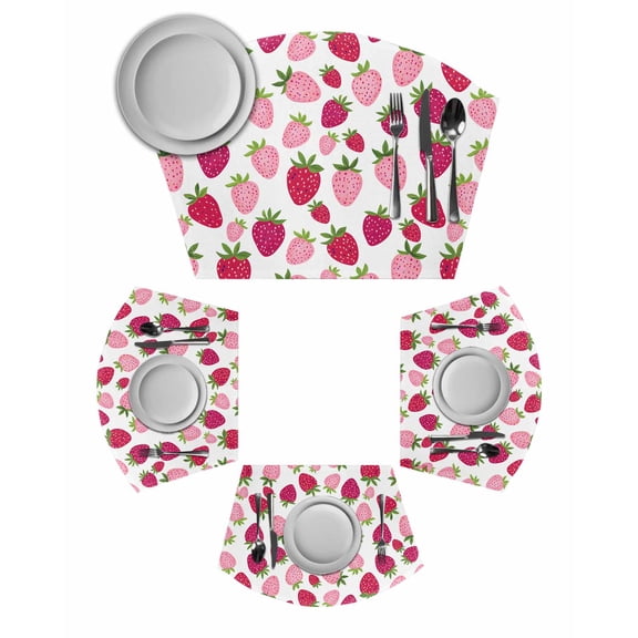 Red Pink Strawberry Round Table Placemats Set of 2 Wedge Placemats, Lovely Summer Spring Fruit Place Mats for Dining Table Set Washable Mats Kitchen Decor for Indoor Outdoor Wipe Clean