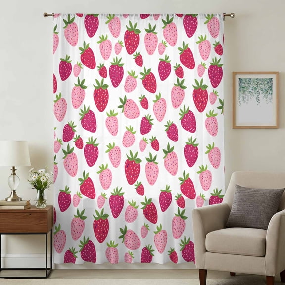 Red Pink Strawberry Sheer Curtains 45 Inches Long, Lovely Summer Spring Fruit Light Filering Curtains, Breathable Simi Curtain Privacy Drapes for Kitchen Bathroom Lightweight Small Window Treatment