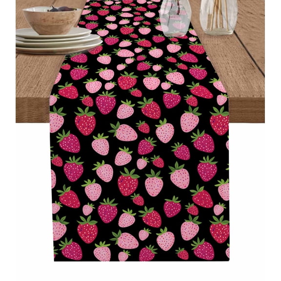 Red Pink Strawberry Table Runner 48 Inches, Black Lovely Summer Spring Fruit Bed Runner Dresser Scarves Tabletop for Indoor Outdoor Parties/Ceremony/Banquet, 13" x 48"