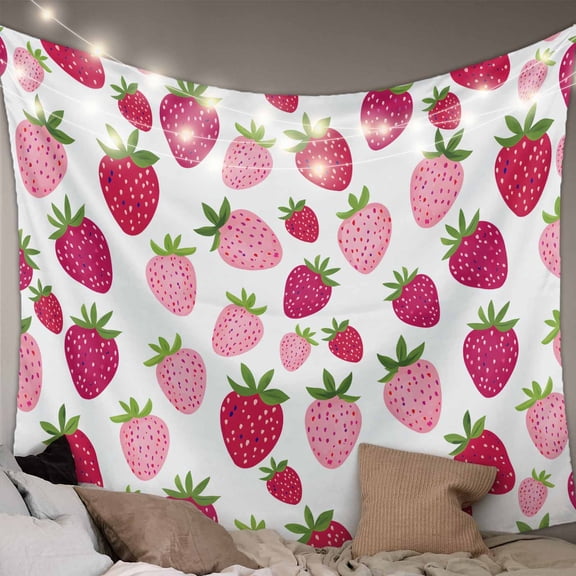 Red Pink Strawberry Tapestry for Bedroom Wall Hanging Tapestry, Lovely Summer Spring Fruit Ceiling Backdrop Tapestries Poster Blanket Wall Decor for Teens Room Living Room Dorm 51" x 59"