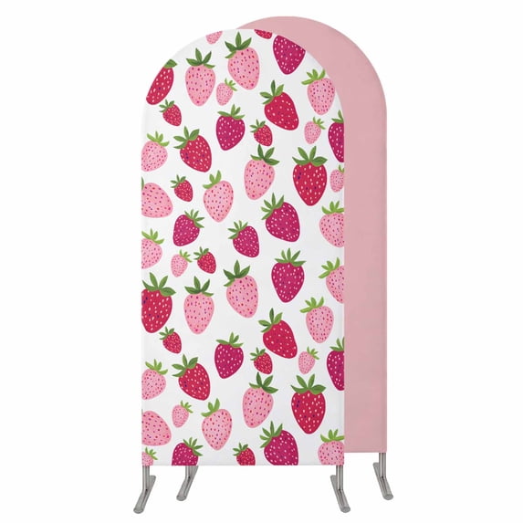 Red Pink Strawberry Wedding Arch Cover, Stretchy Spandex Arch Backdrop Stand Covers 6.6 FT, Lovely Summer Spring Fruit Round Top Arched Backdrop Cover for Birthday Party Ceremony Baby Shower Event